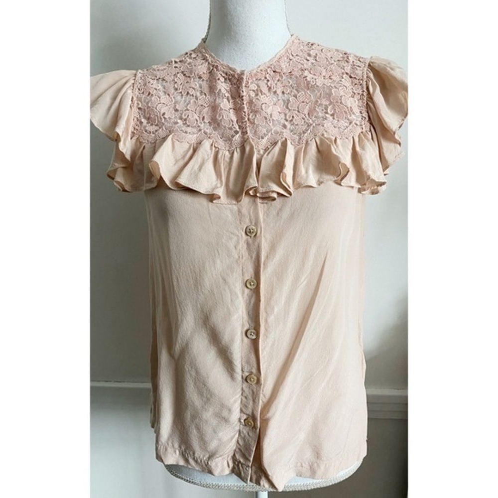 Rebecca Taylor • Light Pink Lace Ruffle Silk Top